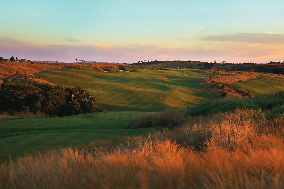 Golf course fairway and rough at dusk
