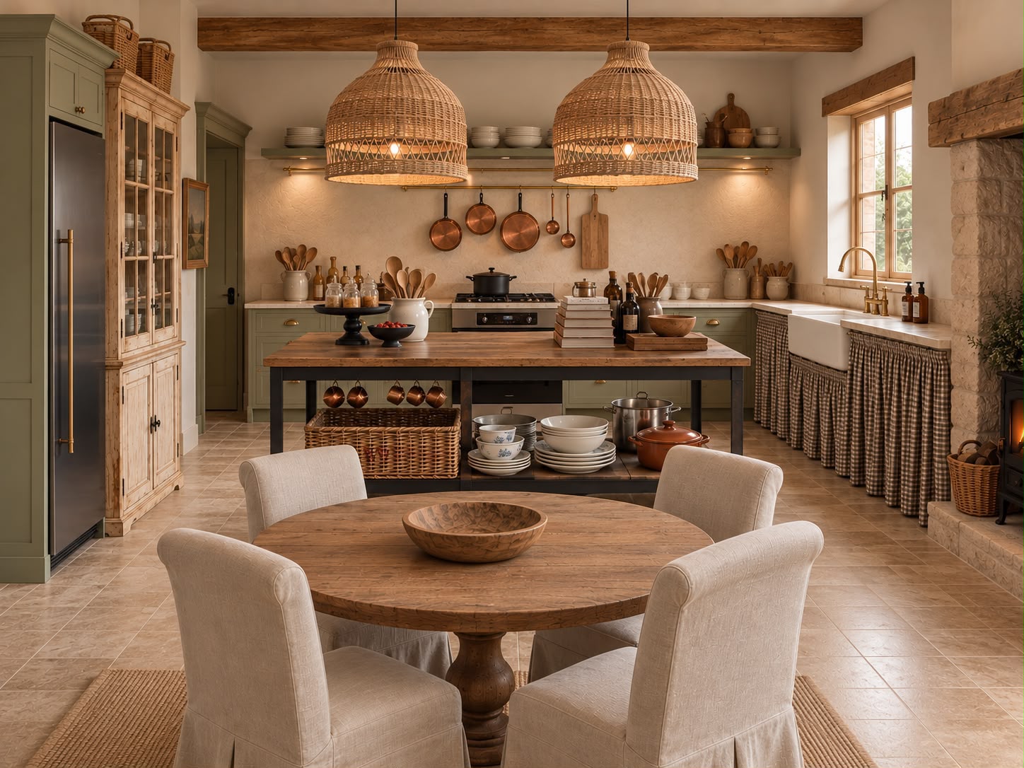 Renovated farmhouse kitchen with timber island and rattan pendants